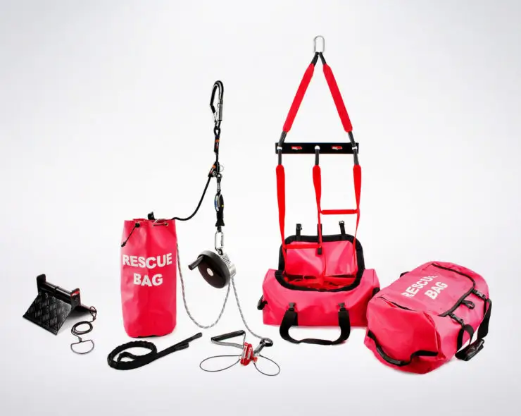 height rescue kit containing rescue system, rescue ladder, edge roller and rucksack