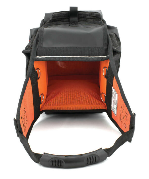 Tool caddy tool bag in black and orange used for working at height.