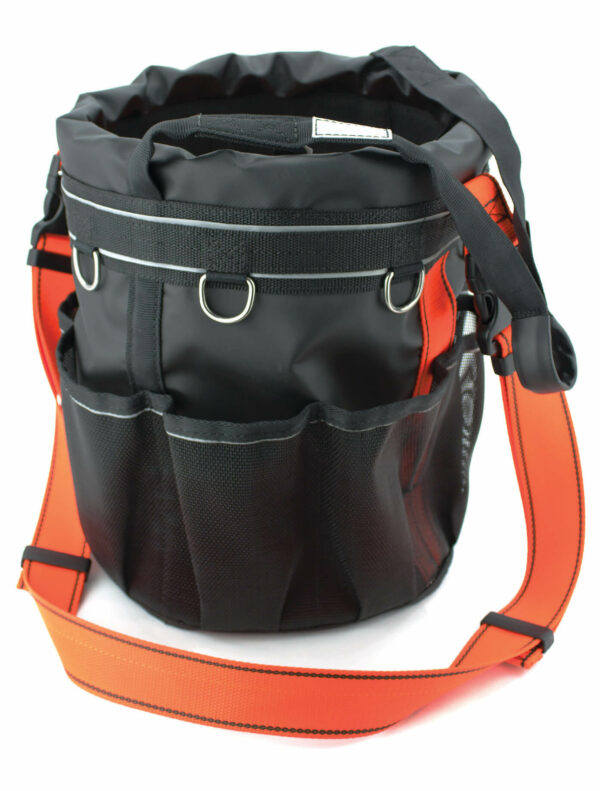 Pro large black tool bag with orange strap used to carry tools at height - Pro Pig Bucket