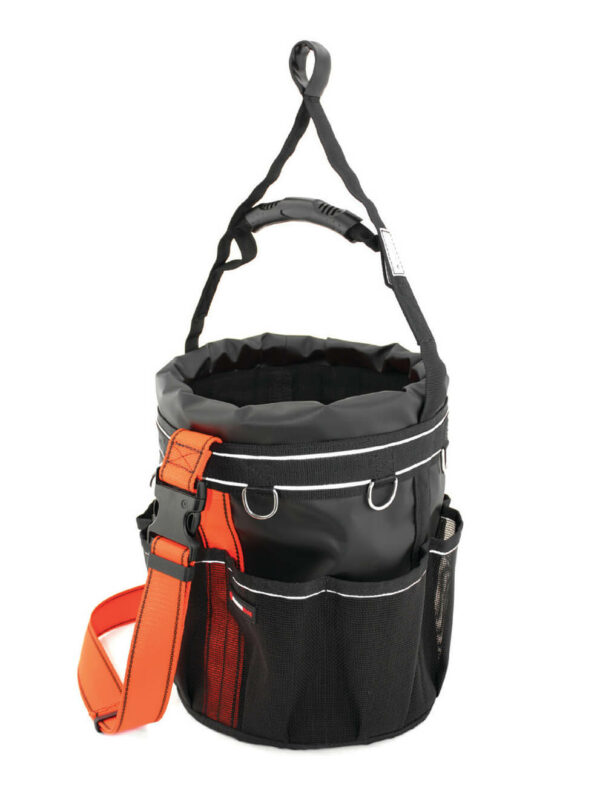Pro pig Bucket tool bag in black with orange strap for working safely at height