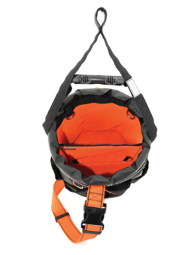 Pig Bucket tool bag in black with orange strap for working safely at height