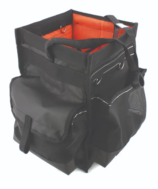Pro Aerial Bucket tool bag in black and orange with large external pockets, anchorage strap and tethering points.
