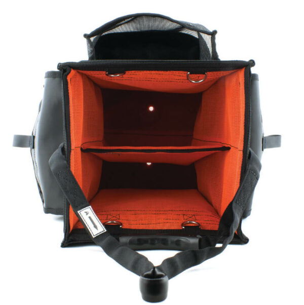 Pro Aerial Bucket tool bag in black and orange with large external pockets, anchorage strap and tethering points.