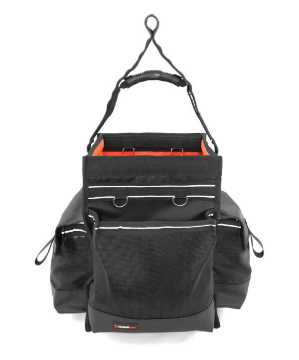 Aerial Bucket tool bag in black and orange with large external pockets, anchorage strap and tethering points.