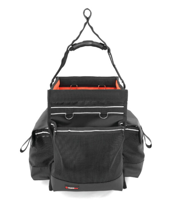 Aerial Bucket tool bag in black and orange with large external pockets, anchorage strap and tethering points.