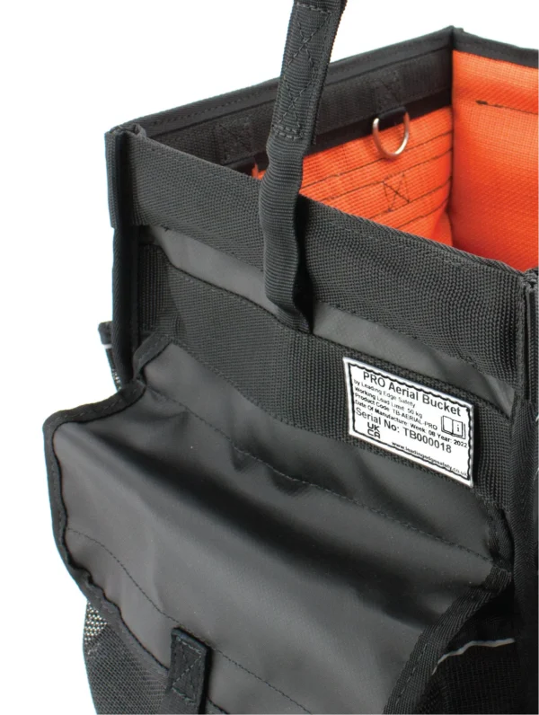 Pro Aerial Bucket tool bag in black and orange with large external pockets, anchorage strap and tethering points.