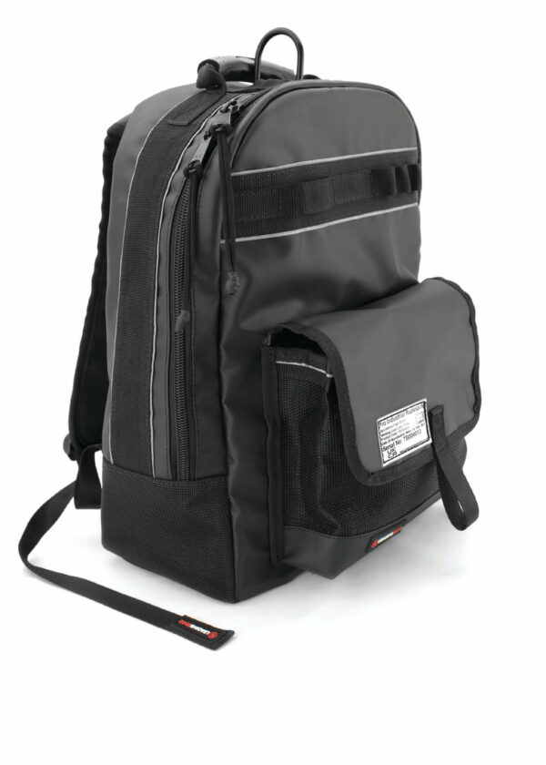 Aerial Rucksack in black with external pocket and tool tethering pockets inside tool bag.