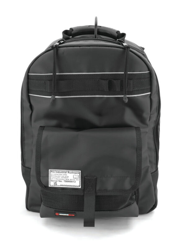 Aerial Rucksack in black with external pocket and tool tethering pockets inside tool bag.