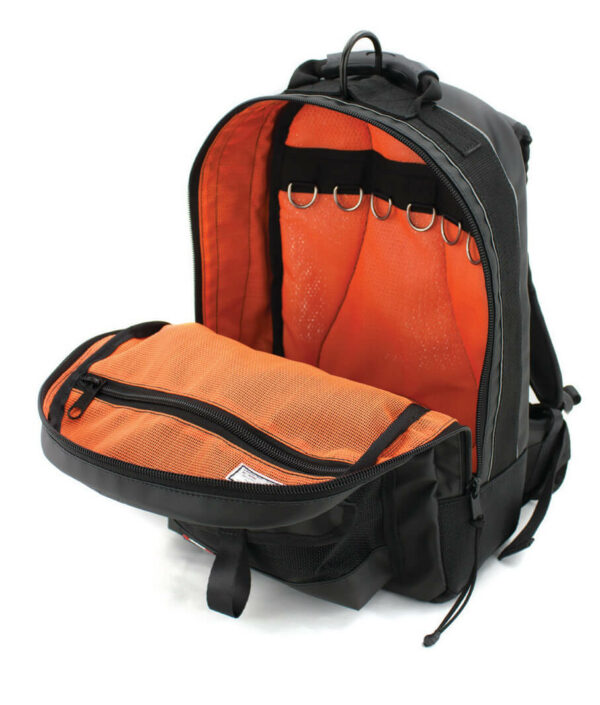 Aerial Rucksack open with orange lining displaying tool tethering rings and zip pocket.