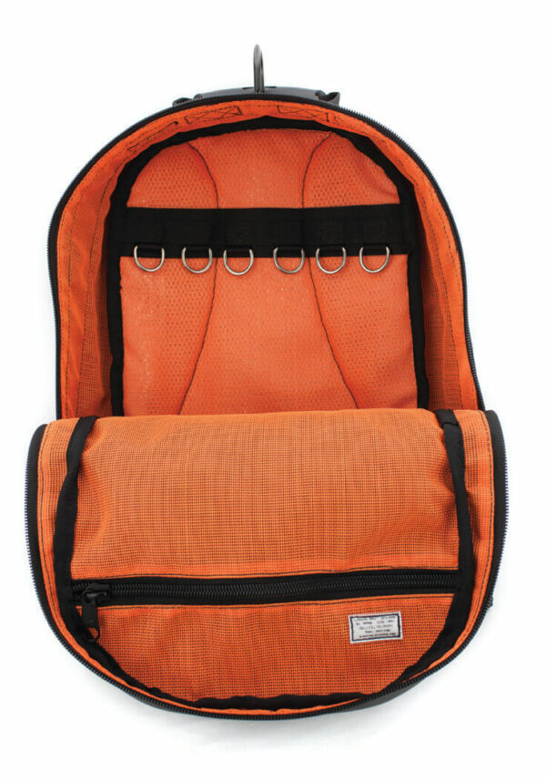 Aerial Rucksack open with orange lining displaying tool tethering rings and zip pocket.