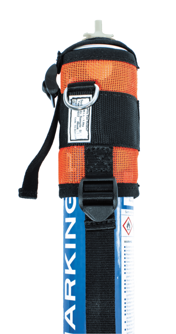 Leading edge Spray Can Holster in orange and black containing blue spray can