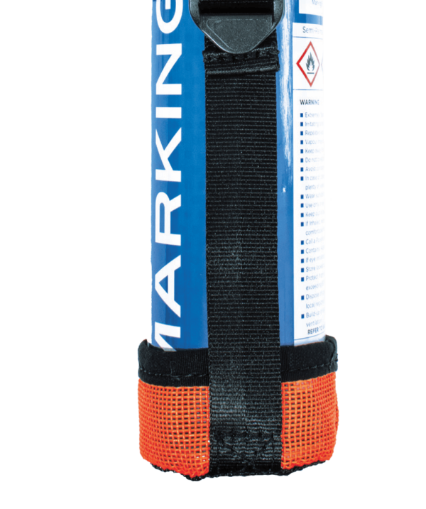 Leading edge Spray Can Holster in orange and black containing blue spray can