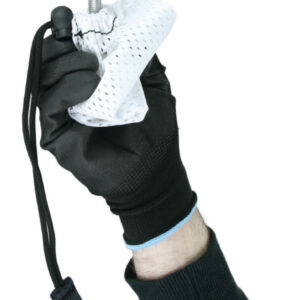 White Bolt Sock with black Elasticated Lanyard held in hand wearing a black glove