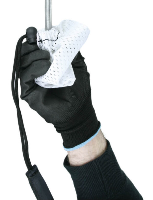 White Bolt Sock with black Elasticated Lanyard held in hand wearing a black glove