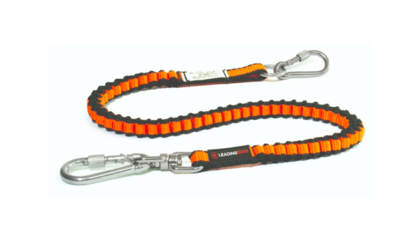 Elastic lanyards in orange and black for secure work at height