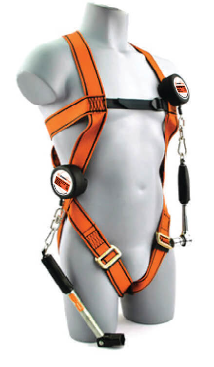 cobra mk 2 retractable lanyard attached to orange safety harness for working at heights