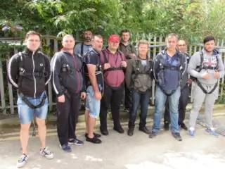height safety training group, 10 trainees wearing harness