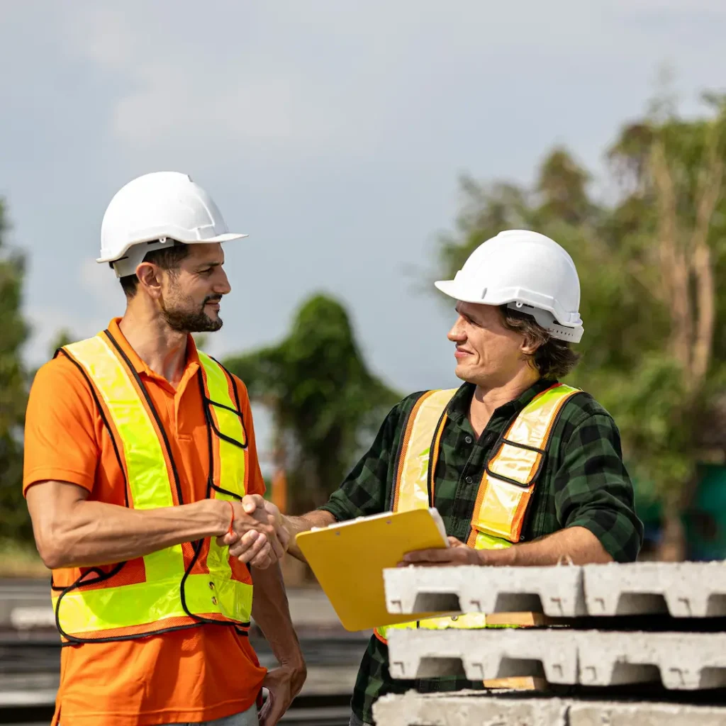 construction workers shaking hands holding a clip board