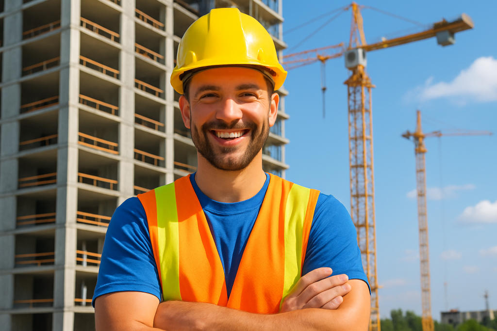 Male construction worker looking happy on a site