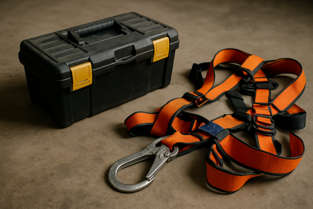 Black toolbox and orange safety harness