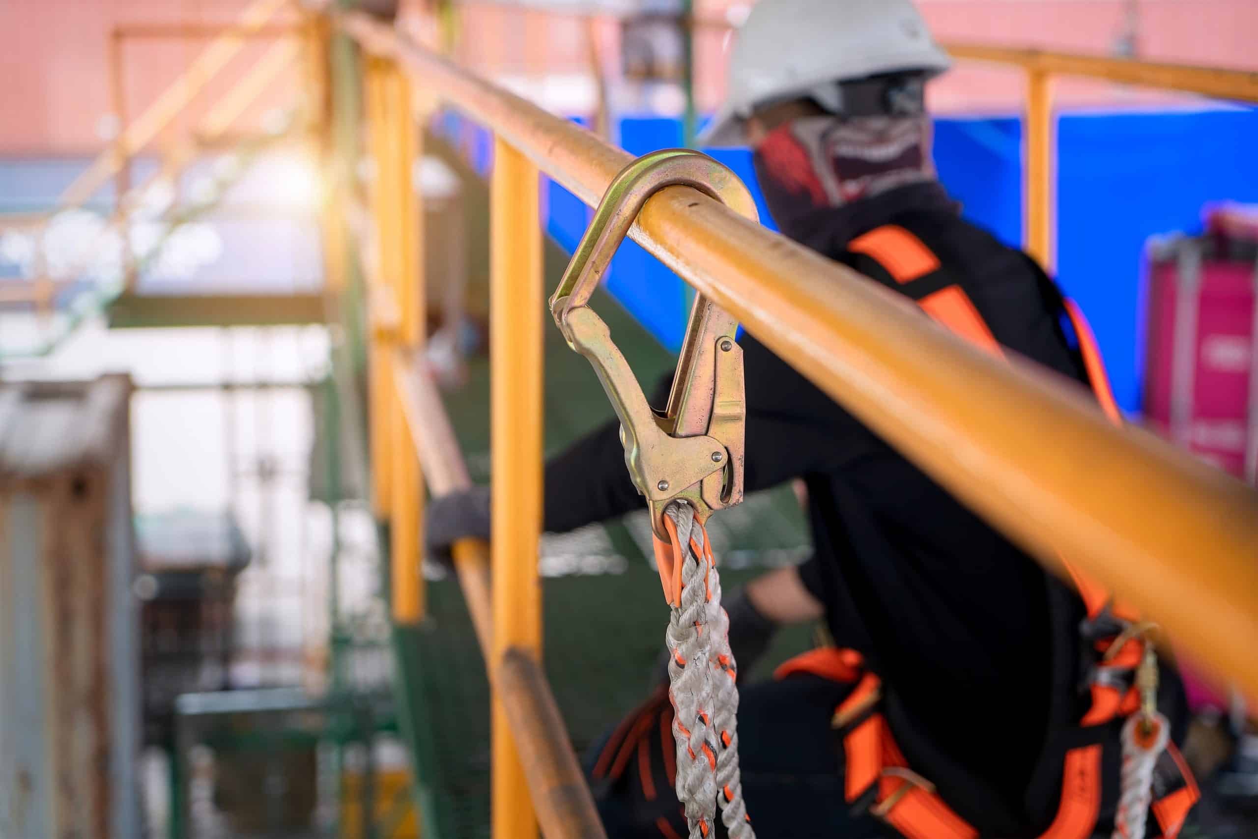 height safety training in Hertfordshire. Close up of safety harness rope attached to railing