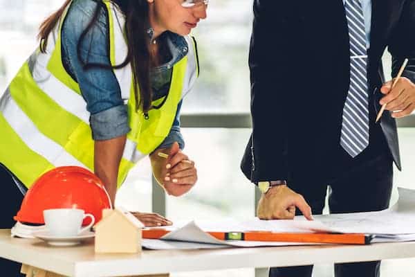 Construction worker completing rescue plan with manager